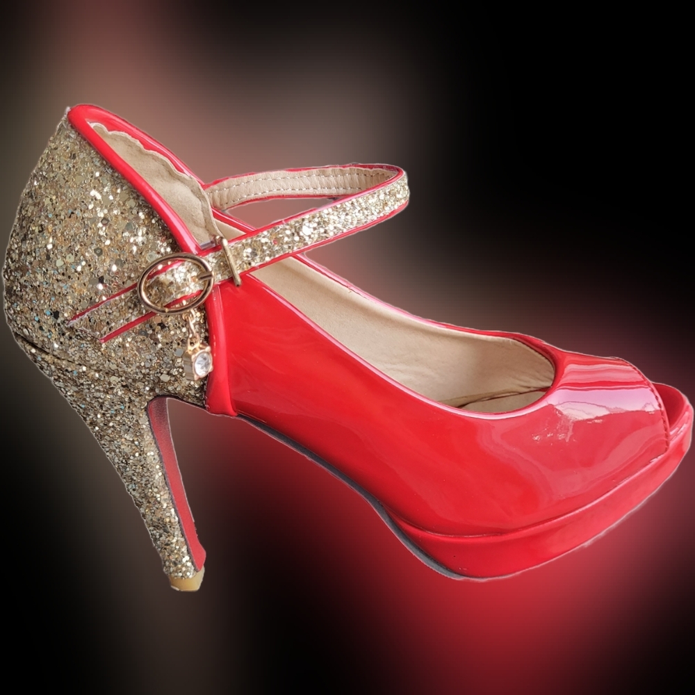 Vegan Patent Leather Platform Heels - Red with Gold Glitter - EUC